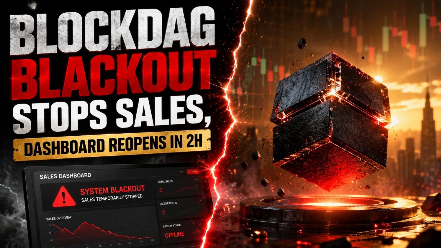 BlockDAG Blackout announcement showing countdown timer & paused sales dashboard on BlockDAG website